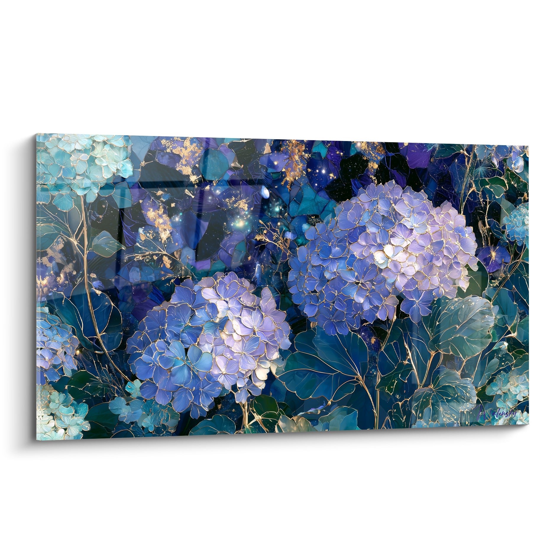 Hortensias bleu turquoise et violet aux nervures dorées sur fond anthracite étoilé