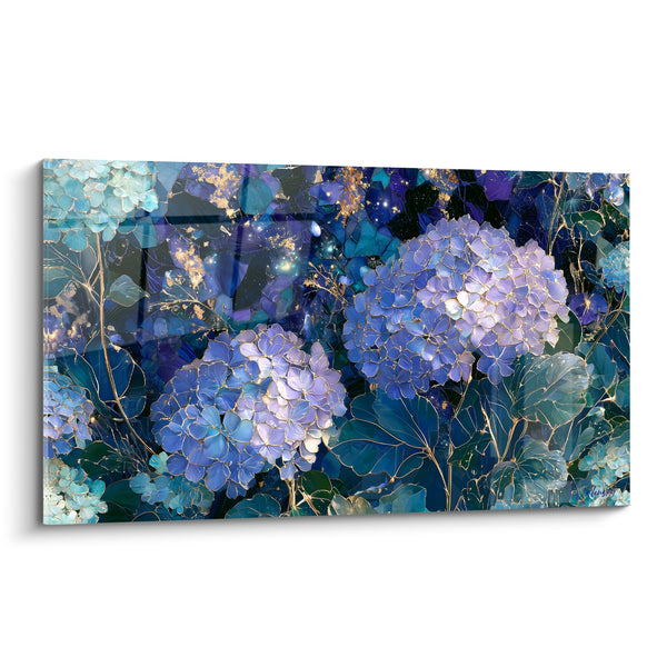 Tableau Hortensias bleu et violet aux nervures dorées - Jardin nocturne - Edition Hortensia