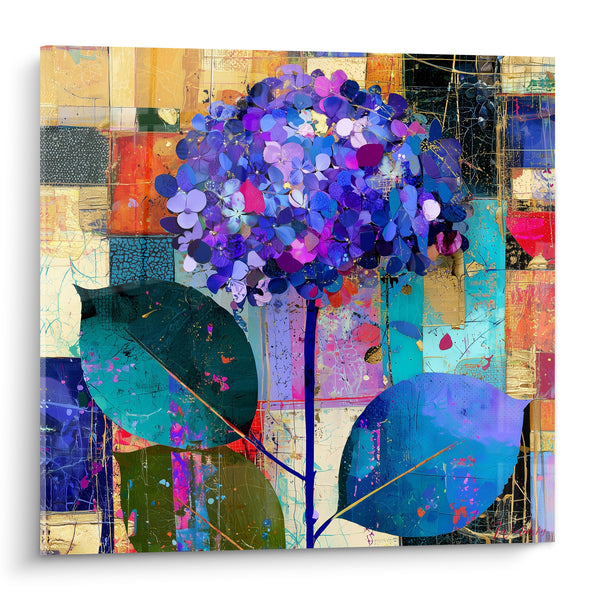 Tableau Hortensia bleu et violet sur fond patchwork - Éclat de jardin - Edition Hortensia