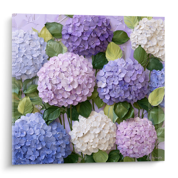 Tableau Ombelles violettes et blanches en massif compact - Feuillage vert tendre - Edition Hortensia
