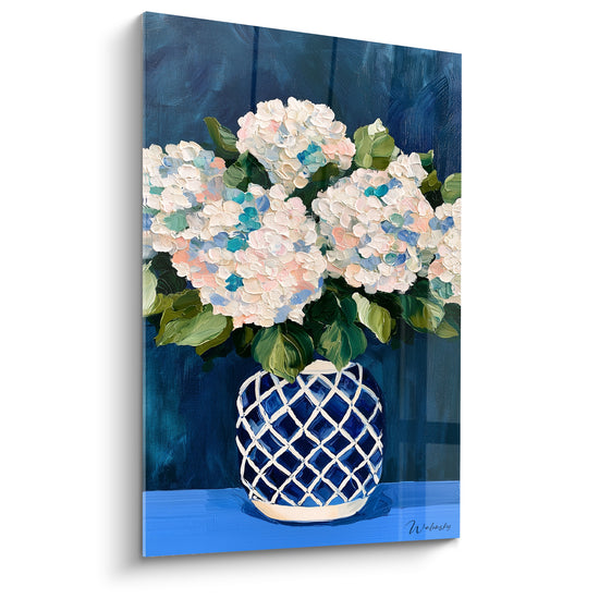 Tableau Vase bleu et blanc au treillis rond - Fond bleu nocturne - Edition Hortensia