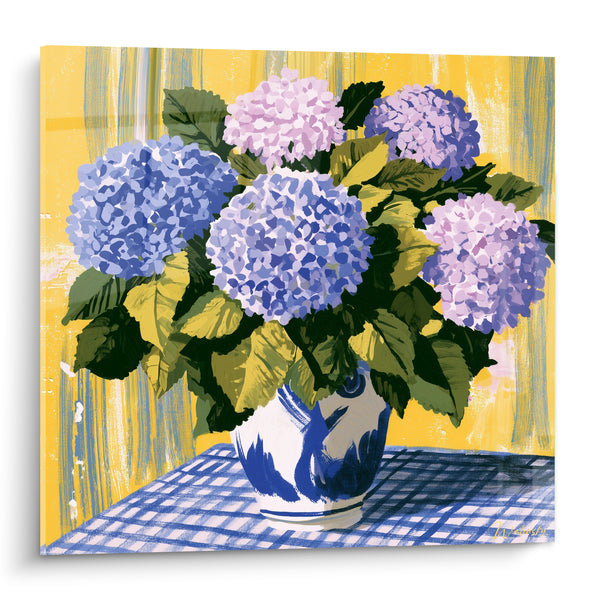 Tableau Bouquet bleu et jaune en vase rayé - Éclat de printemps - Edition Hortensia