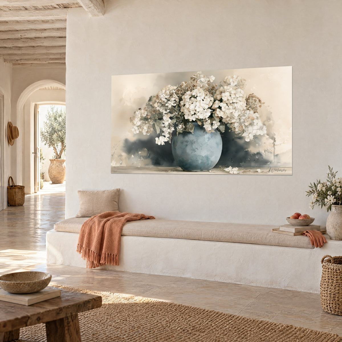 Wall art bouquet of ivory hydrangeas in a cracked blue-grey jar, diffused slate shadow, Provençal whitewashed bench