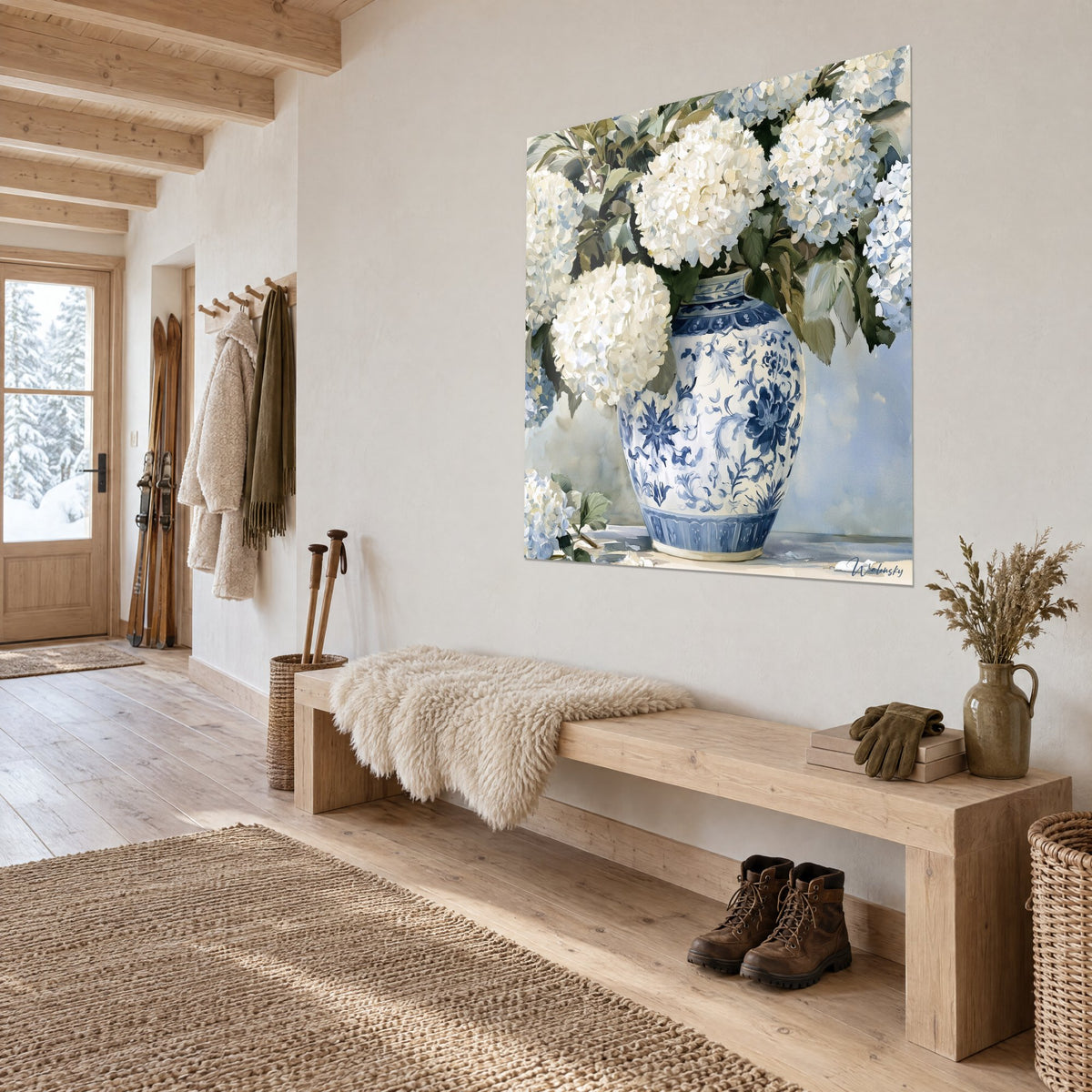Wall art hydrangea bouquet in ivory and pale blue, olive green foliage, three-quarter view in the entrance of a wooden chalet