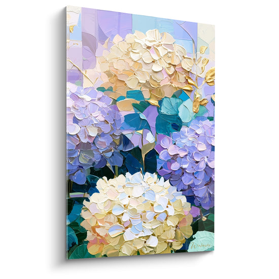 Tableau Hortensias crème et lavande aux feuilles turquoise - Rameau doré ramifié - Edition Hortensia