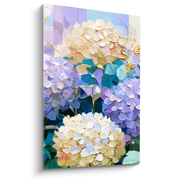 Tableau Hortensias crème et lavande aux feuilles turquoise - Rameau doré ramifié - Edition Hortensia