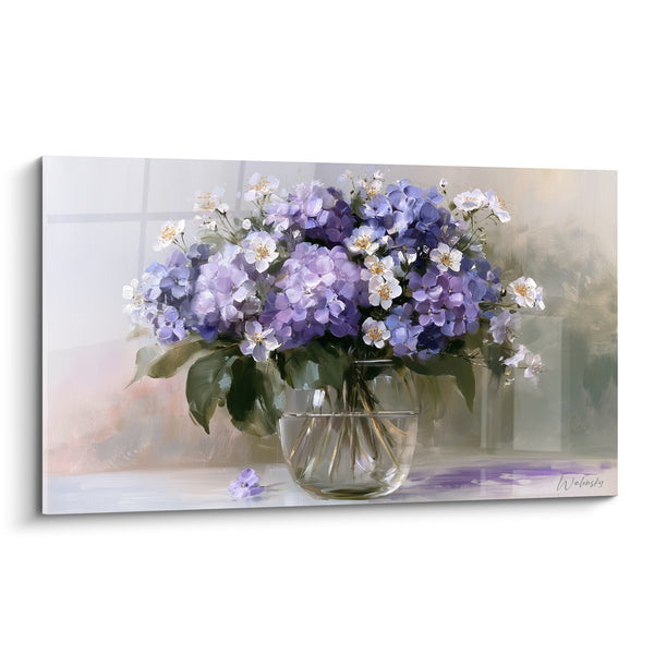 Tableau Vase transparent bombé bleu et blanc - Pétale tombé sur la table - Edition Hortensia