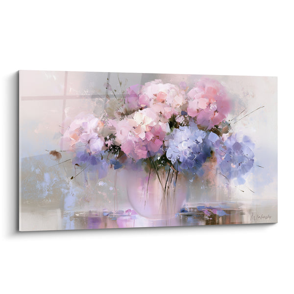 Tableau Vase blanc au bouquet rose et bleu - Reflets sur table laquée - Edition Hortensia