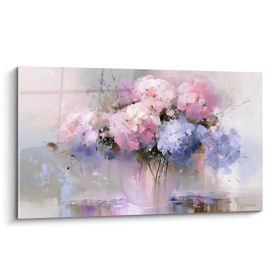 Tableau Vase blanc au bouquet rose et bleu - Reflets sur table laquée - Edition Hortensia