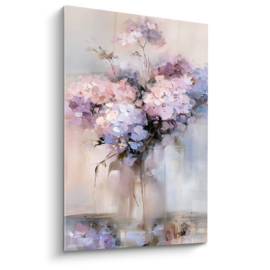Tableau Bouquet rose et lavande aux tiges filantes - Vase translucide flouté - Edition Hortensia