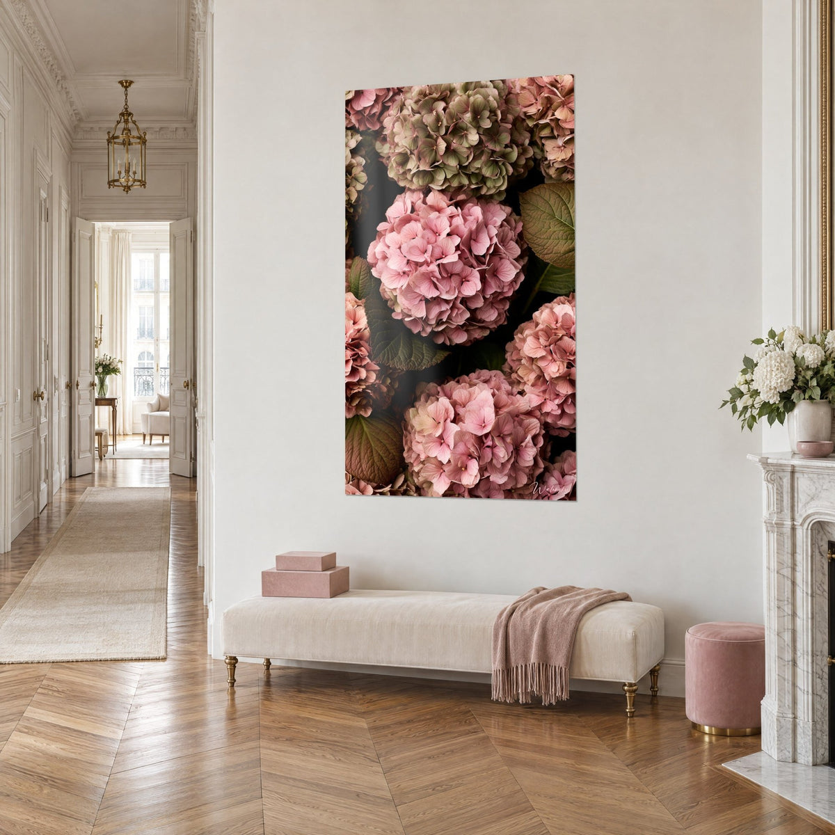 Wall art clusters of soft pink and moss-green flowers, petals veined with carmine red, on the white wall of a Haussmann-style corridor in perspective