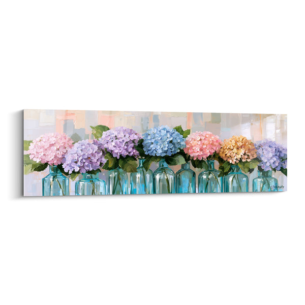 Tableau Bouquets roses et bleus en flacons turquoise - Alignement printanier - Edition Hortensia