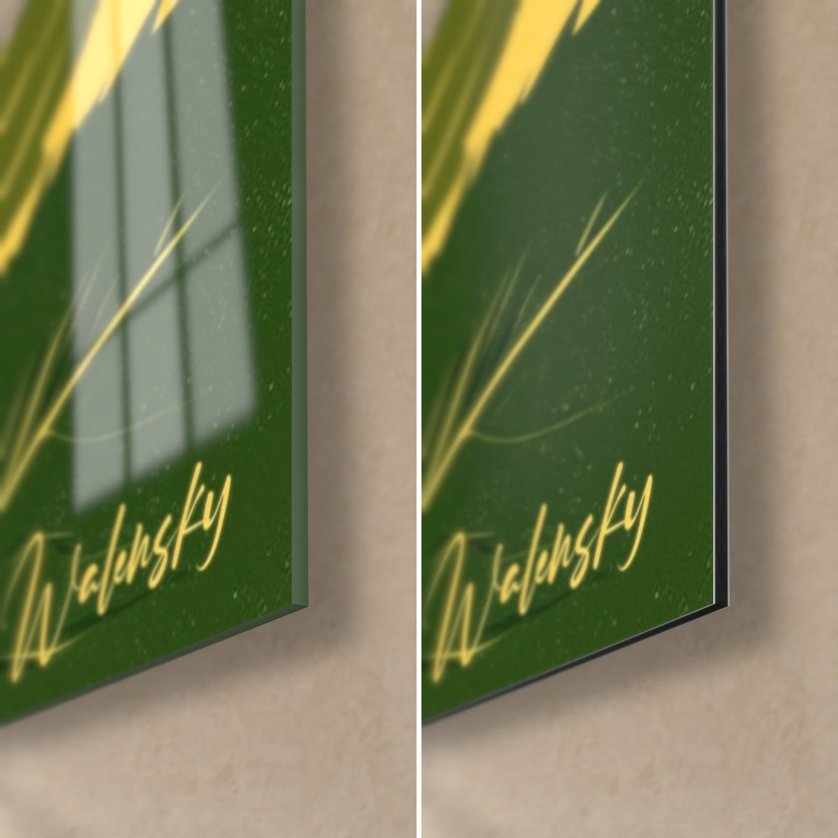 Wall art blue hydrangea flowers, bottom right corner: dark green leaf and golden signature, glossy glass on the left, matte Dibond on the right