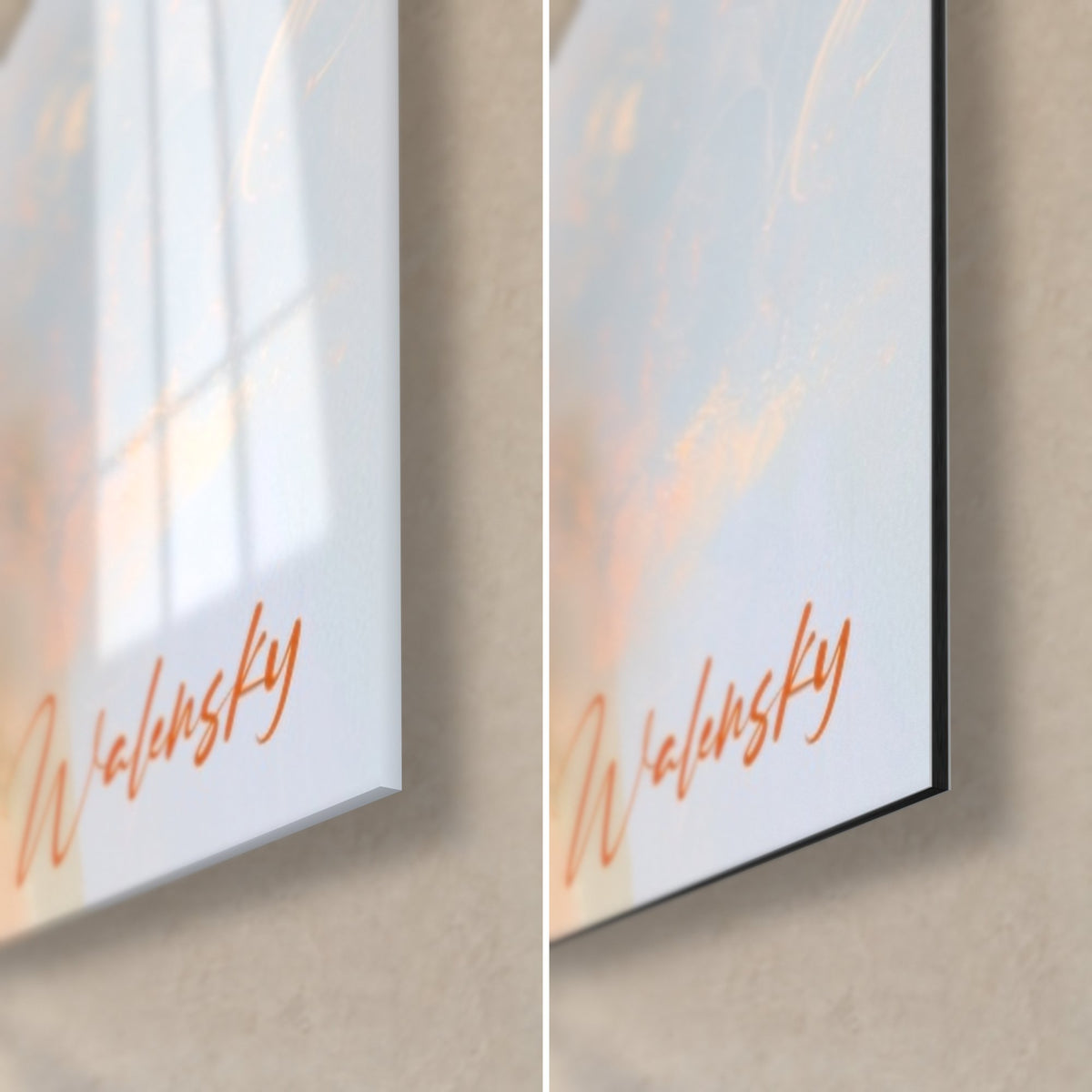 Wall art peach hydrangea flowers, bottom right corner: orange Walensky signature, glossy glass on the left, matte black Dibond on the right