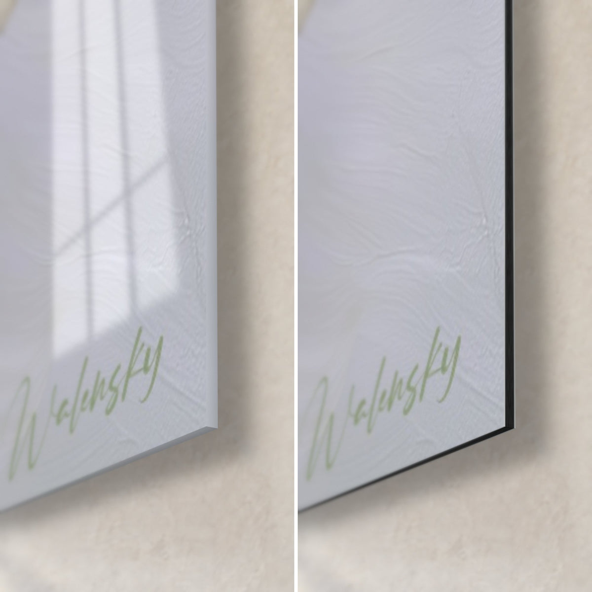 Quadro di ortensie malva, firma verde Walensky, angolo inferiore destro in vetro lucido e Dibond opaco, bordo da 3 mm