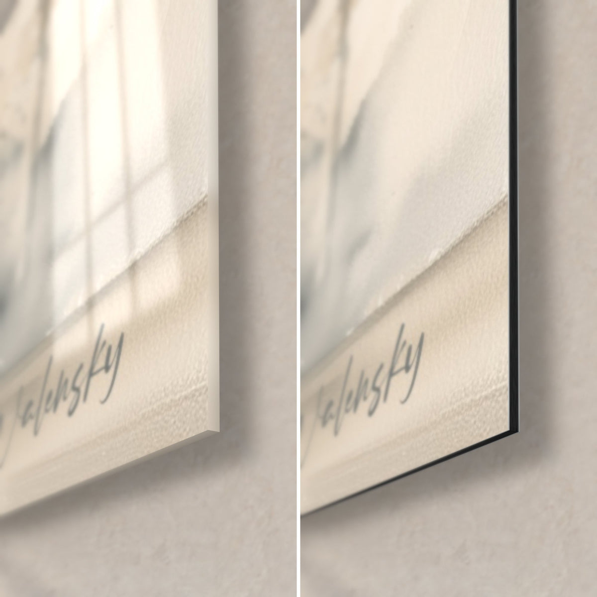 Wall art pale blue ceramic urn and cream hydrangeas, bottom right corner, grey signature on glossy glass and matte Dibond
