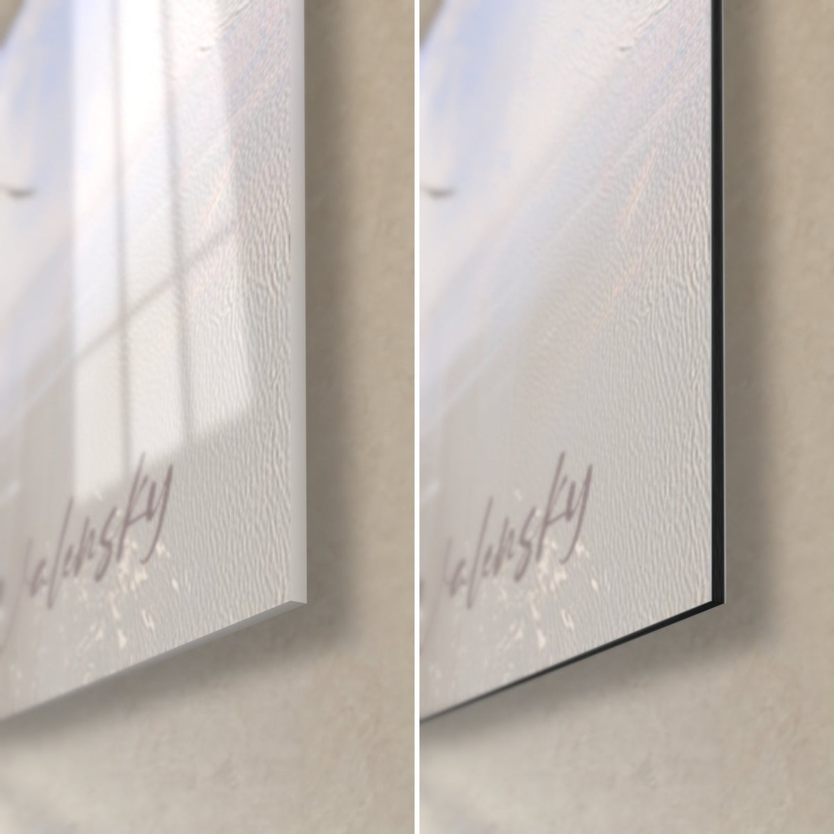 Cuadro hortensias en rosa y azul, esquina inferior derecha: firma Walensky, cristal acrílico brillante y aluminio Dibond mate, canto de 3 mm