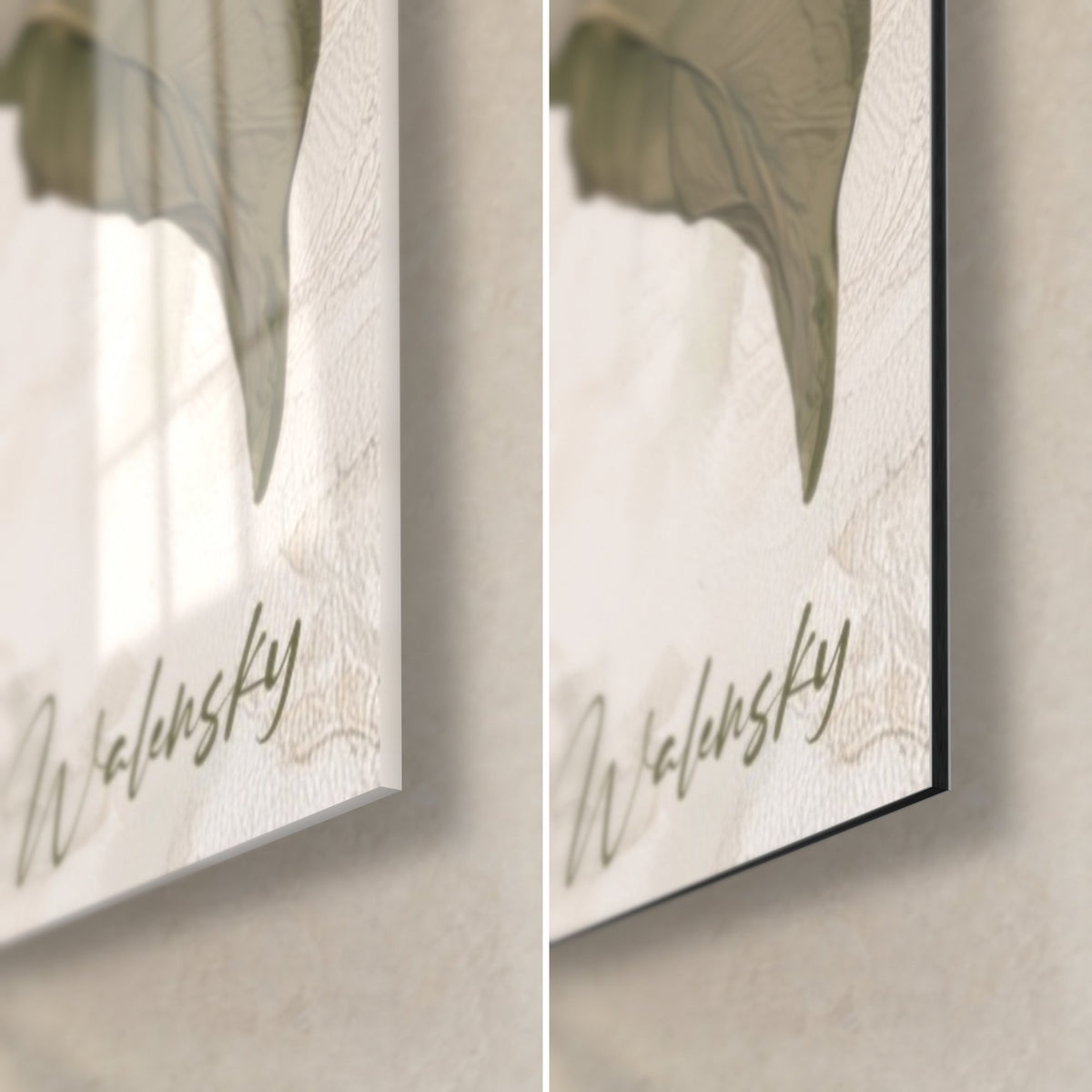 Quadro con un bouquet di ortensie malva, angolo in basso a destra, firma Walensky verde oliva su crema, vetro acrilico lucido e Dibond opaco