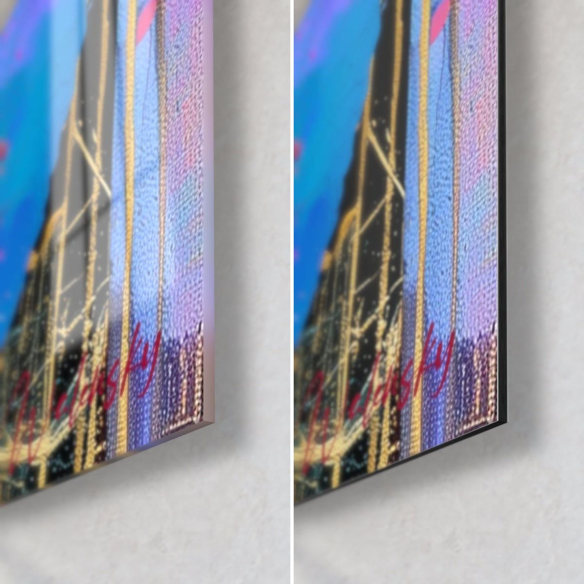 Wall art of a cobalt blue hydrangea bloom, bottom right corner: glossy acrylic glass on the left, matte Dibond on the right, gold pinstripes