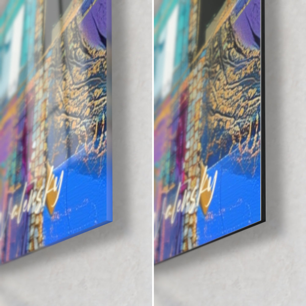 Wall art hydrangea bloom with violet petals, bottom right corner: glossy acrylic glass and matte Dibond aluminium, 3 mm edge, gold signature