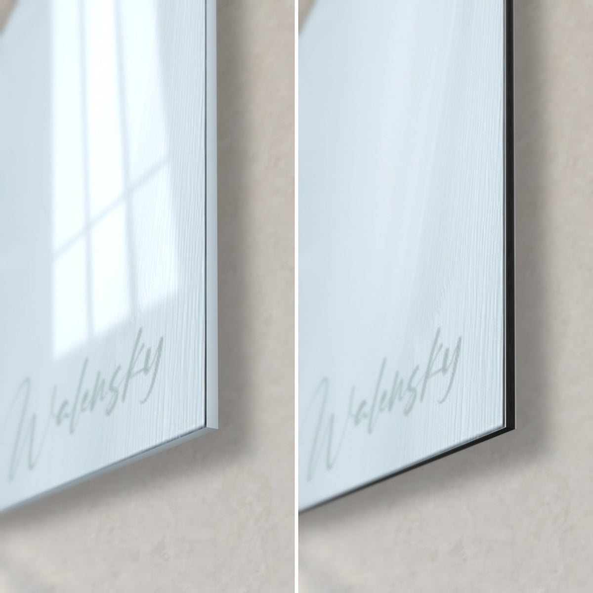 Wall art of hydrangea flowers in glacier blue, bottom-right corner: glossy glass on the left, matte Dibond aluminium on the right, 3 mm edge
