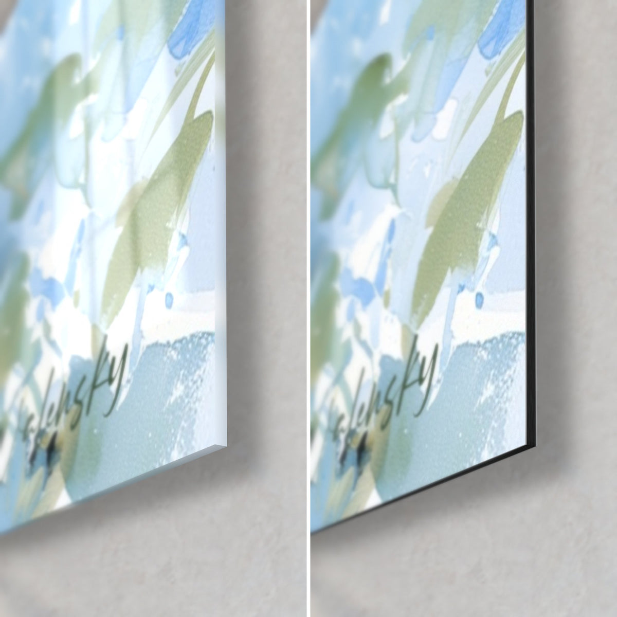 Wall art with pale blue hydrangea blooms, bottom right corner: olive-green leaves and turquoise touches, glossy glass and matte Dibond