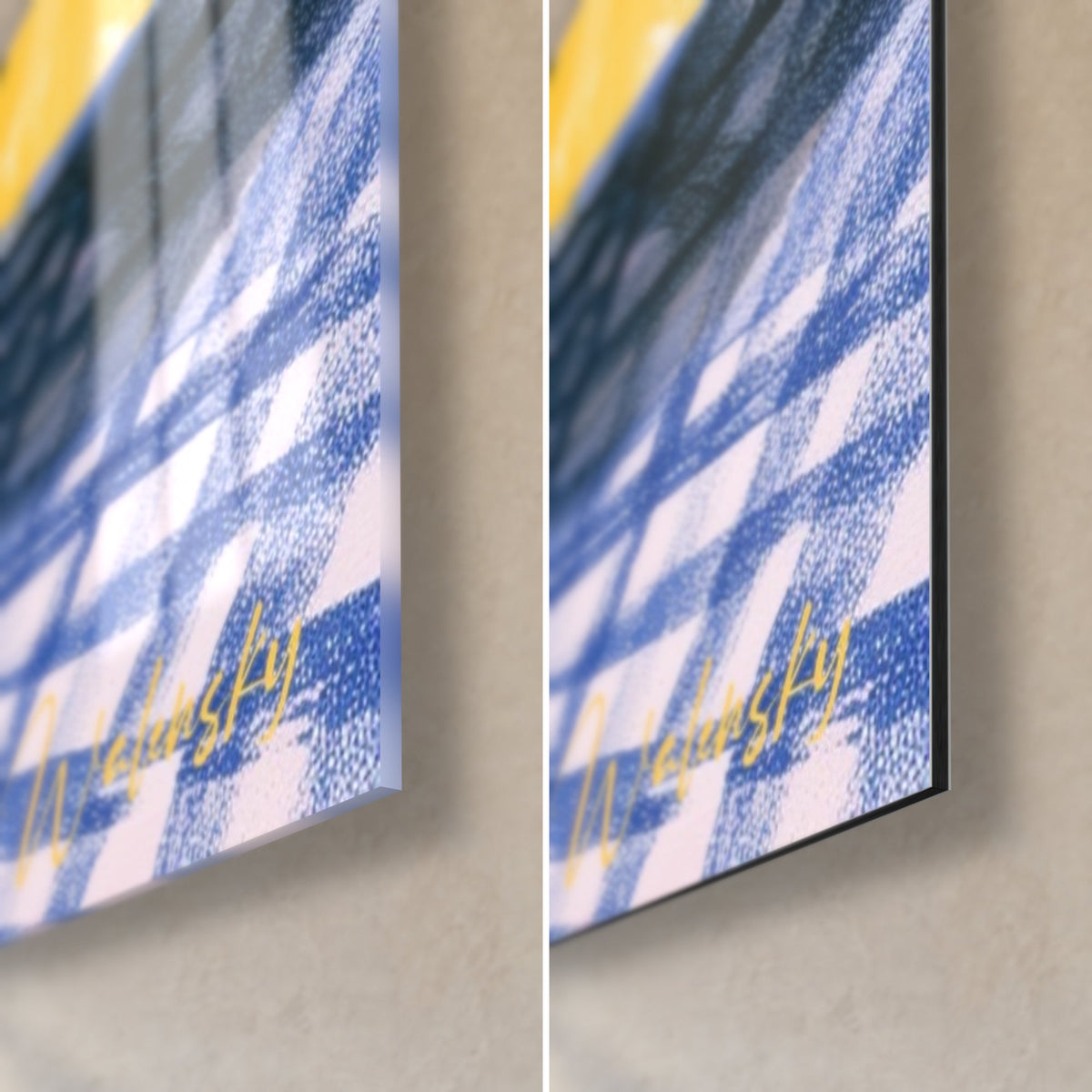 Wall art blue and white striped pot, gingham tablecloth and gold signature, bottom right corner in glossy glass and matte Dibond, 3 mm edge