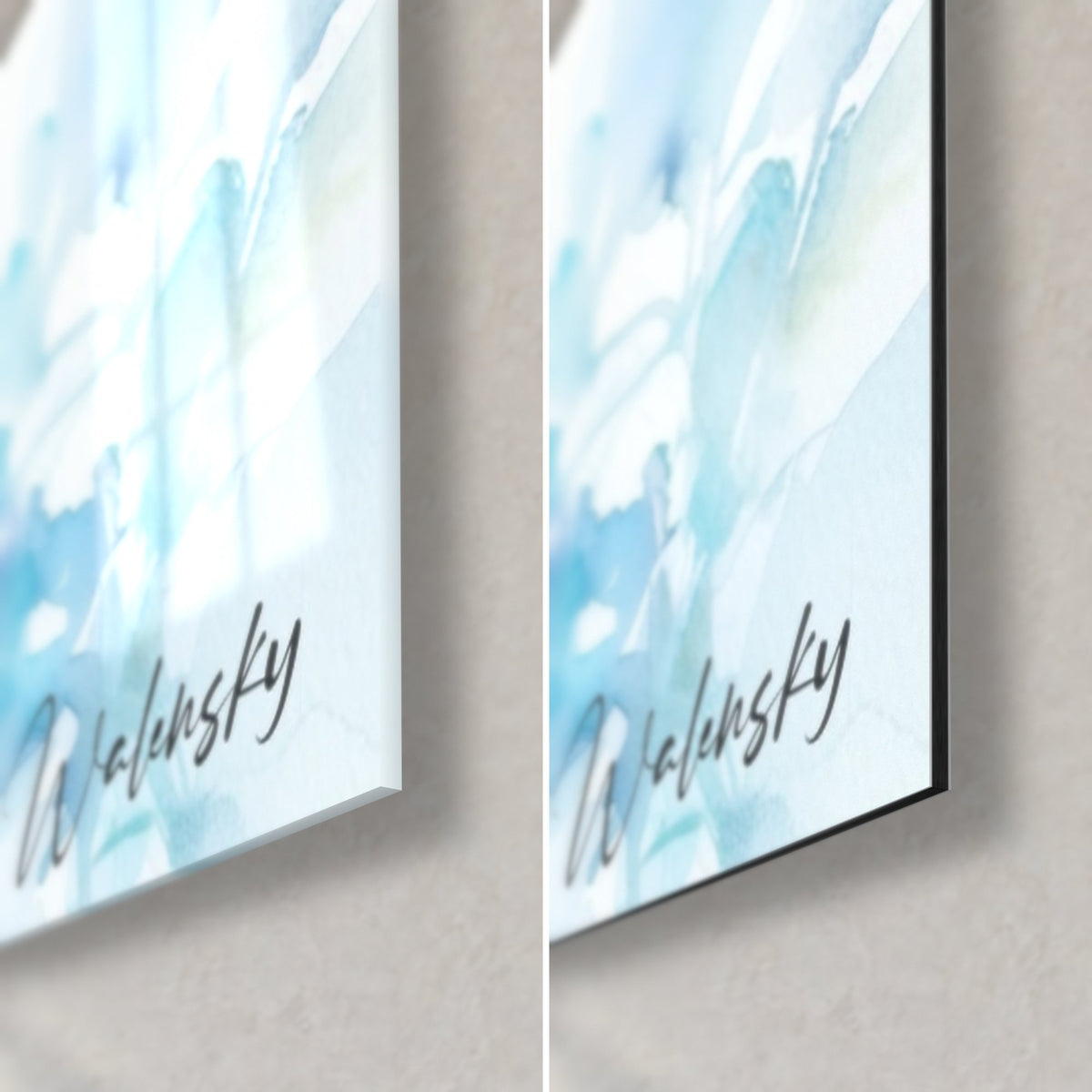 Quadro di bouquet di ortensie ad acquerello, angolo in basso a destra turchese e bianco, firma Walensky, vetro lucido e Dibond opaco