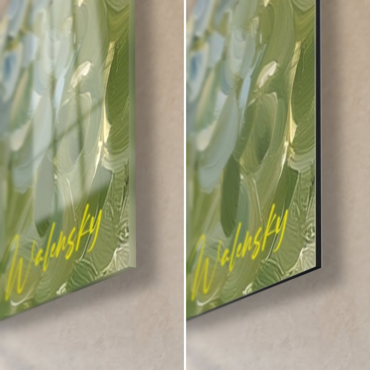 Wall art of white hydrangeas with thick brushstrokes, lemon-yellow signature, bottom right corner in glossy glass and matte Dibond