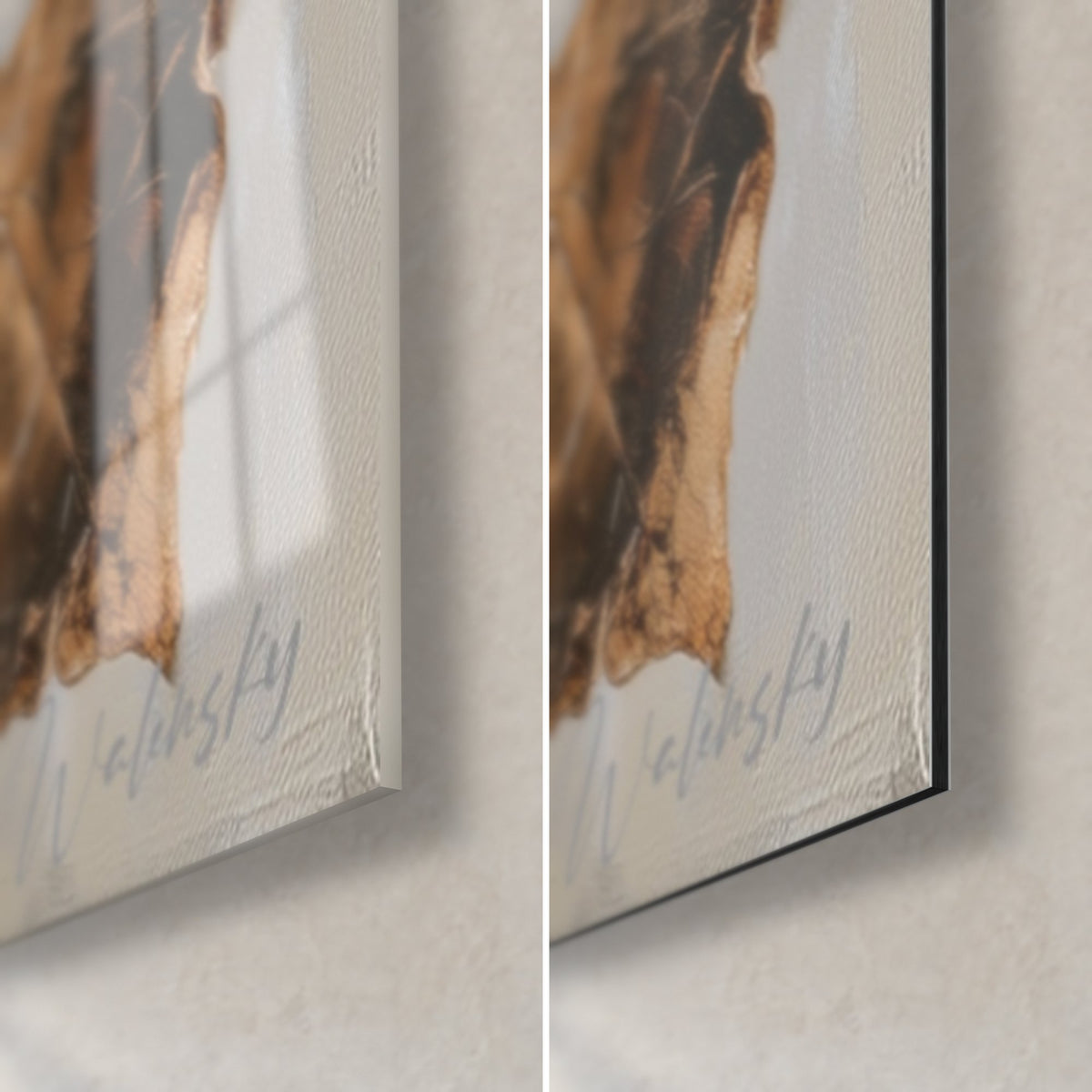 Wall art cream corolla and striped bronze leaf, bottom right corner, glossy acrylic glass on the left, matte black Dibond on the right