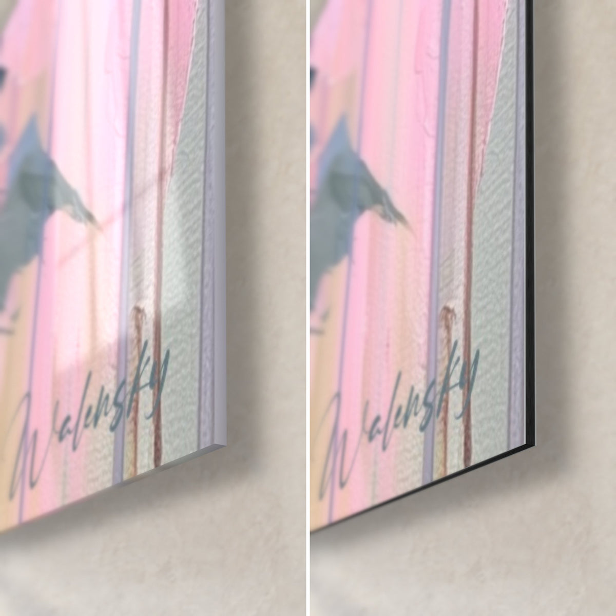 Wall art hydrangeas in pink and grey-green drips, bottom right corner: glossy acrylic glass on the left, matte Dibond on the right