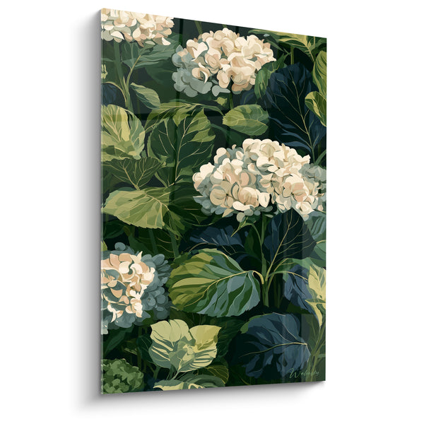 Tableau Hortensias crème et vert au feuillage dense - Nervures dorées des feuilles - Edition Hortensia