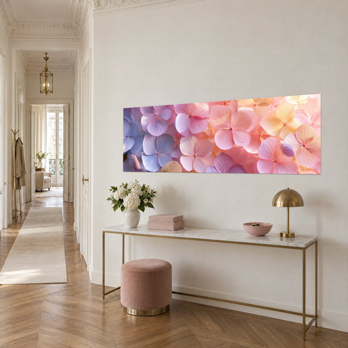Wall art hydrangea blooms in a lilac, pink and apricot gradient, translucent veins, on a gilded console in a Haussmann-style hallway