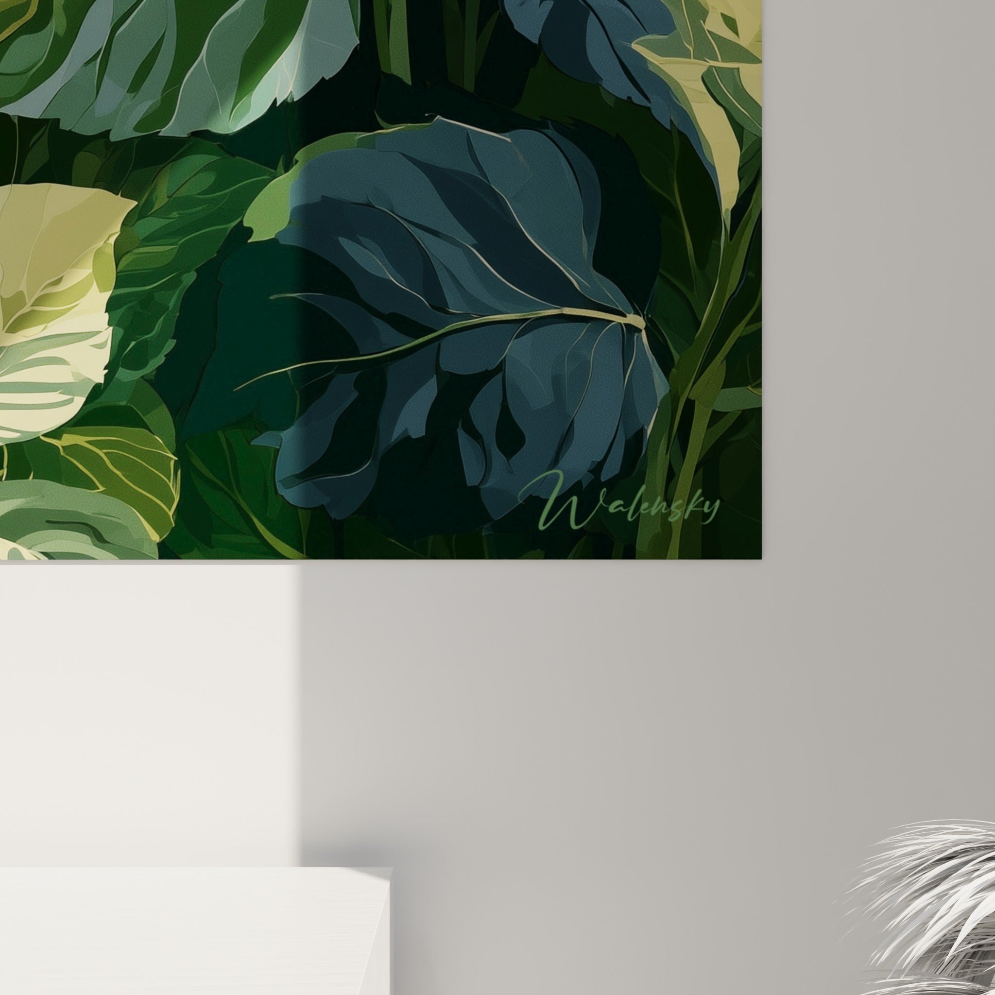 Détail des pétales ivoire et nervures dorées des feuilles vert anthracite du tableau hortensia