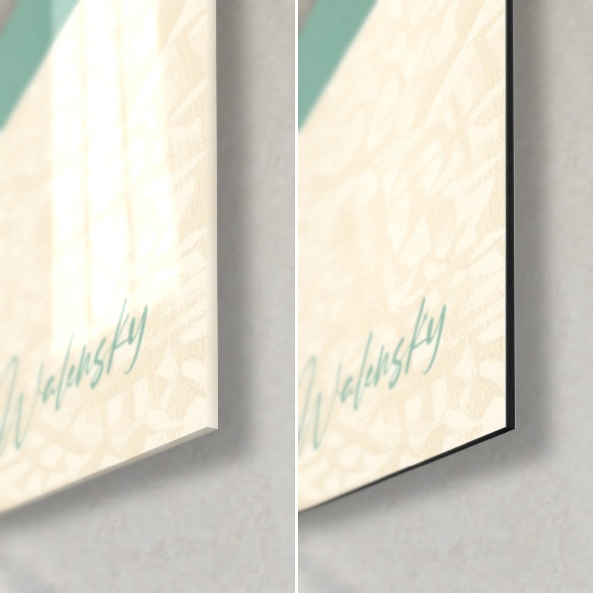 Wall art white hydrangeas in a striped vase, bottom right corner: glossy acrylic glass and matte beige Dibond, 3 mm edge