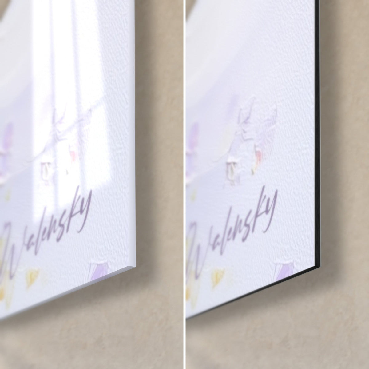 Gemälde mit lila und weißen Hortensienblüten, untere rechte Ecke aus glänzendem Glas und mattem Alu-Dibond, Walensky-Signatur, 3 mm Stärke