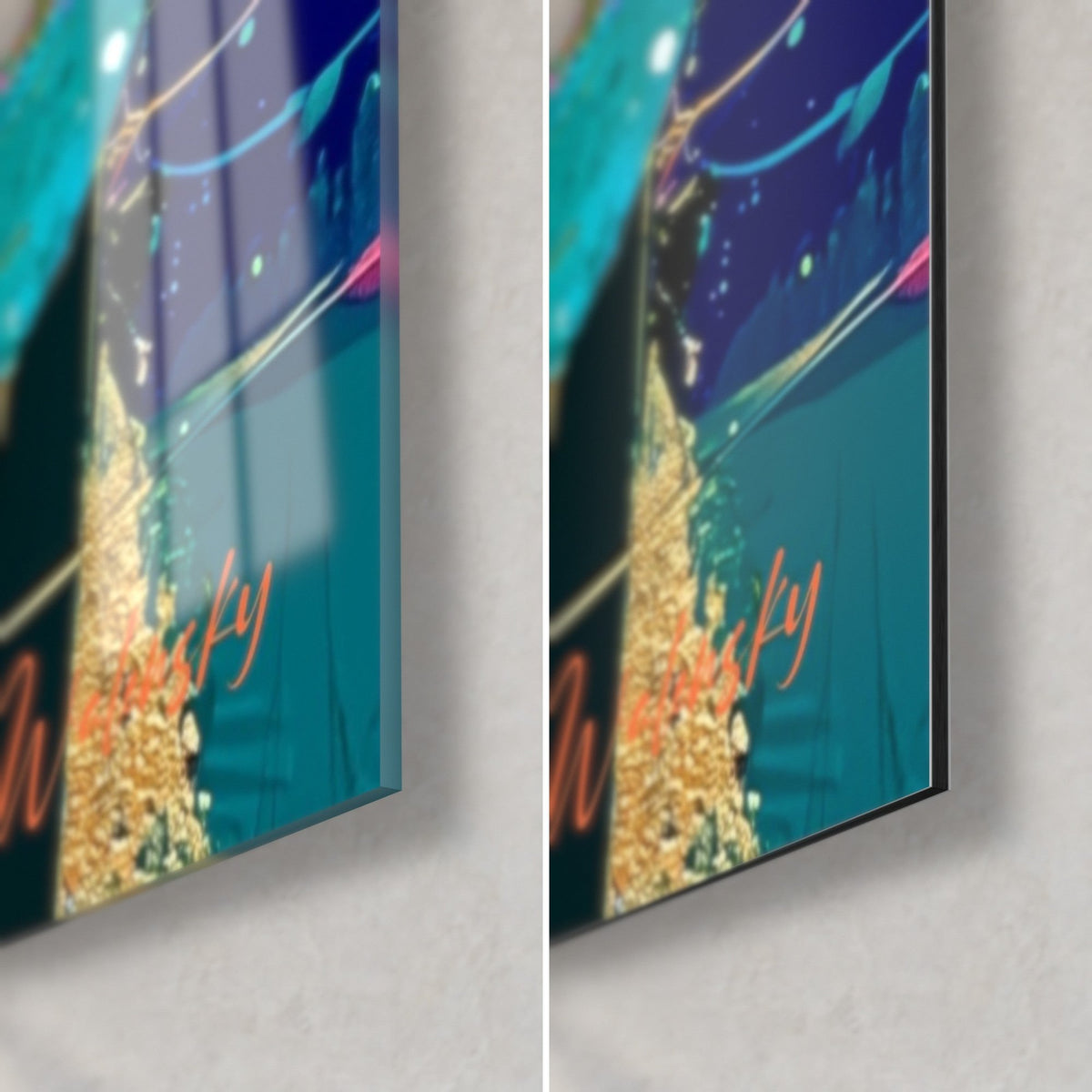 Gemälde Hortensiendolde, untere rechte Ecke: glänzendes Acrylglas mit türkisfarbenen Reflexen, mattes ockerfarbenes Dibond, 3 mm Kante