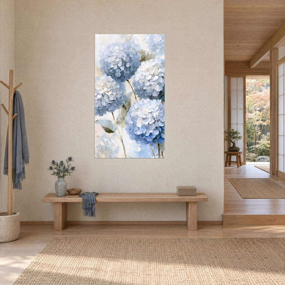 Wall art powder blue and ivory umbels painted with a palette knife, pale olive green leaf, on a cream wall, japandi entrance three-quarter view