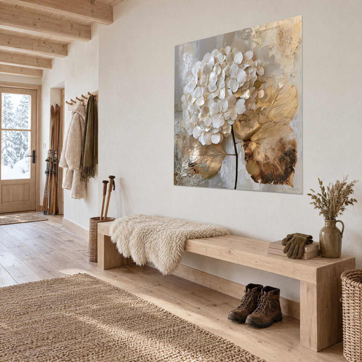 Wall art bouquet of white raised flowers, copper and gold leaves, brown stem, three-quarter view in a wooden hallway