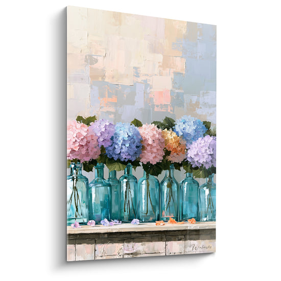 Tableau Hortensias bleus et roses en flacons turquoise - Alignement floral apaisant - Edition Hortensia