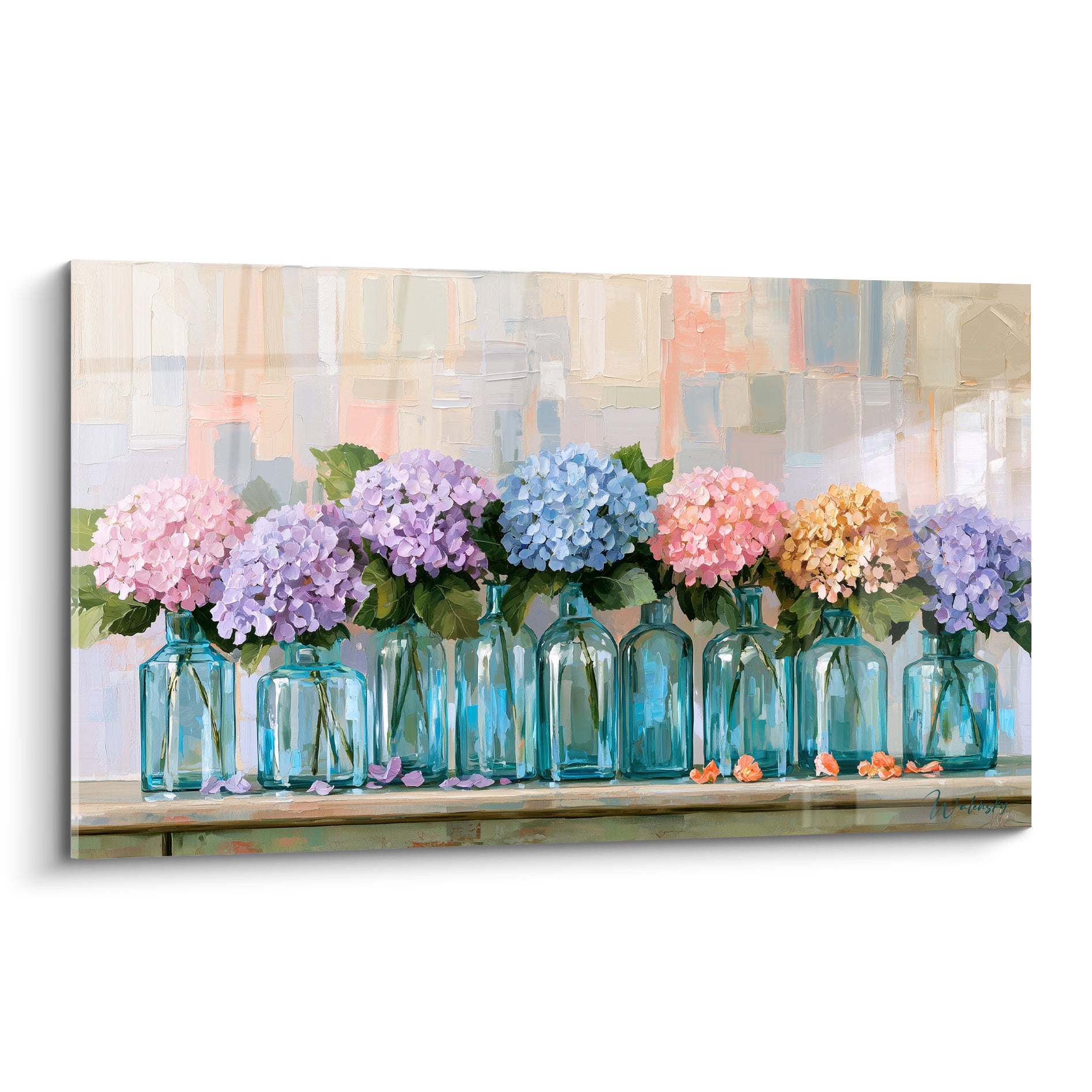 Hortensias roses, bleus et mauves dans des flacons turquoise, peinture à l'huile texturée