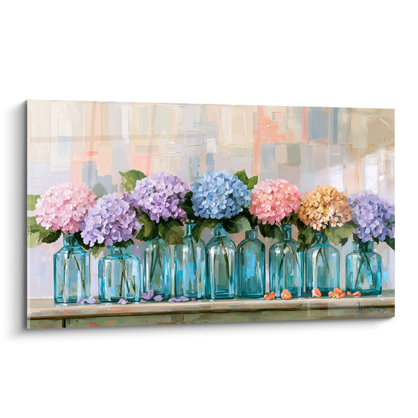 Tableau Bouteilles turquoise alignées aux pétales tombés - Rangée de flacons en verre - Edition Hortensia