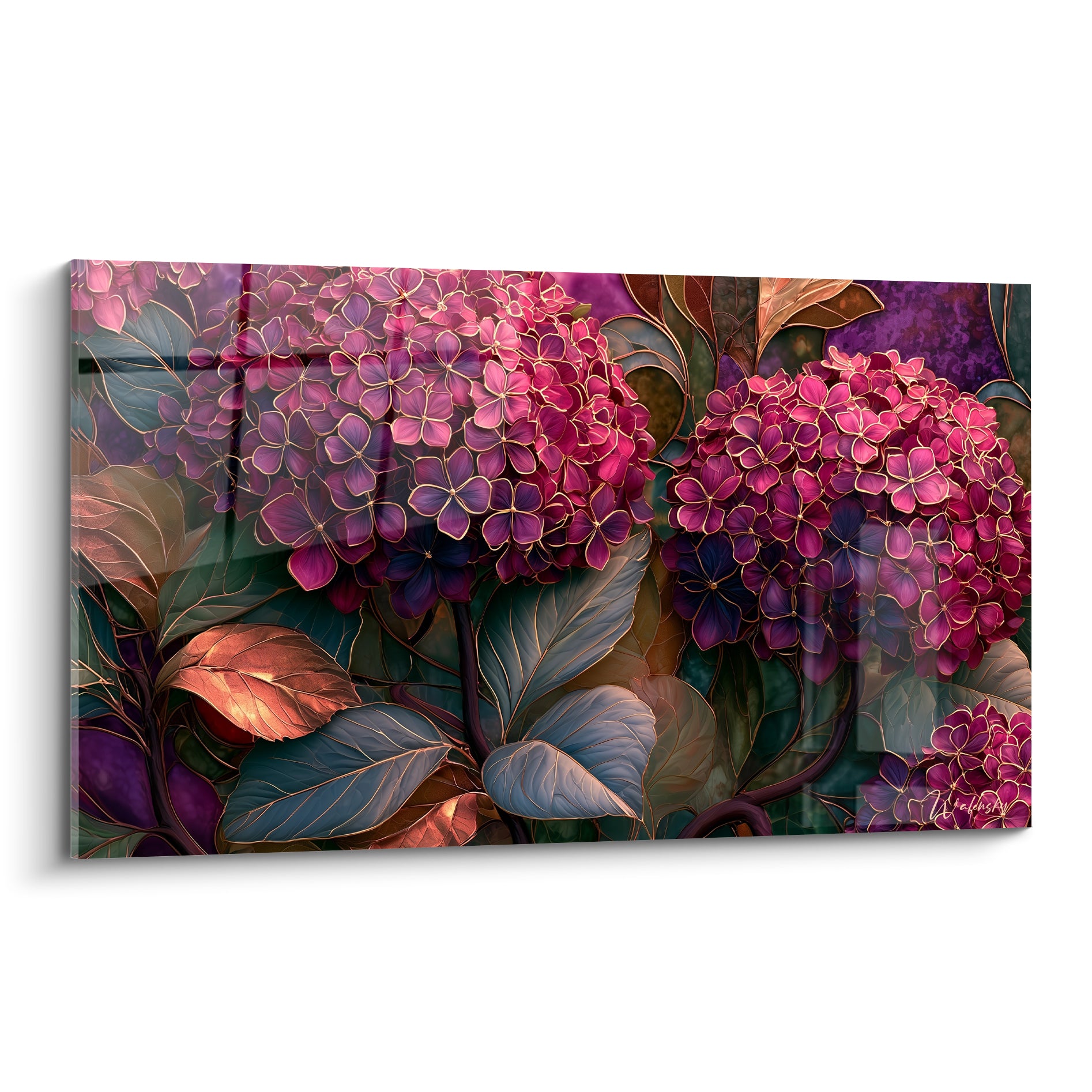 Hortensias fuchsia et violine aux contours dorés façon vitrail sur fond feuillu anthracite