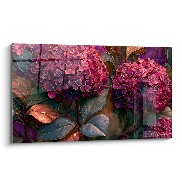 Tableau Hortensias magenta et violet façon vitrail - Contours dorés lumineux - Edition Hortensia