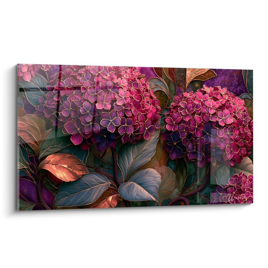 Tableau Hortensias magenta et violet façon vitrail - Contours dorés lumineux - Edition Hortensia