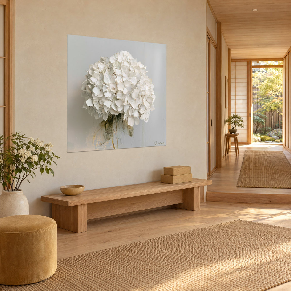 Wall art ivory umbel in relief on a light grey background, olive green stems, hung near a blond wood japandi hallway