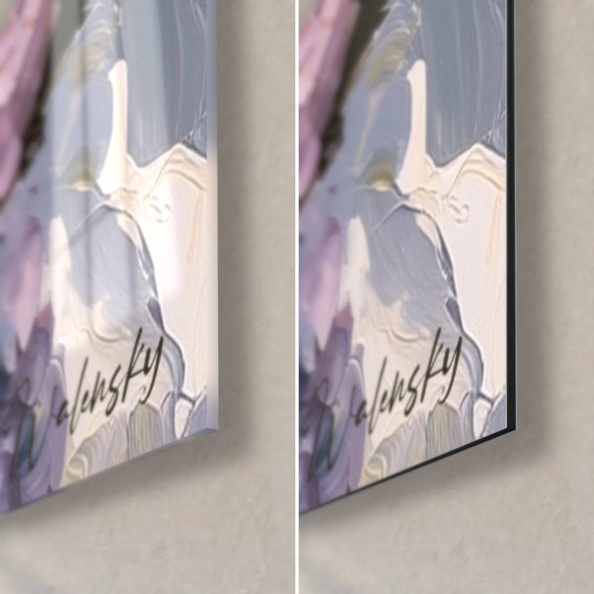 Wall art of lavender and cream hydrangea flowers, signed Walensky in the bottom right corner, glossy glass on the left, matte black Dibond on the right