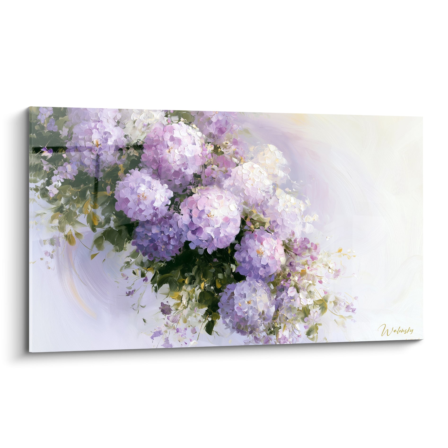 Hortensias mauves et blancs peints en larges touches sur fond crème vaporeux