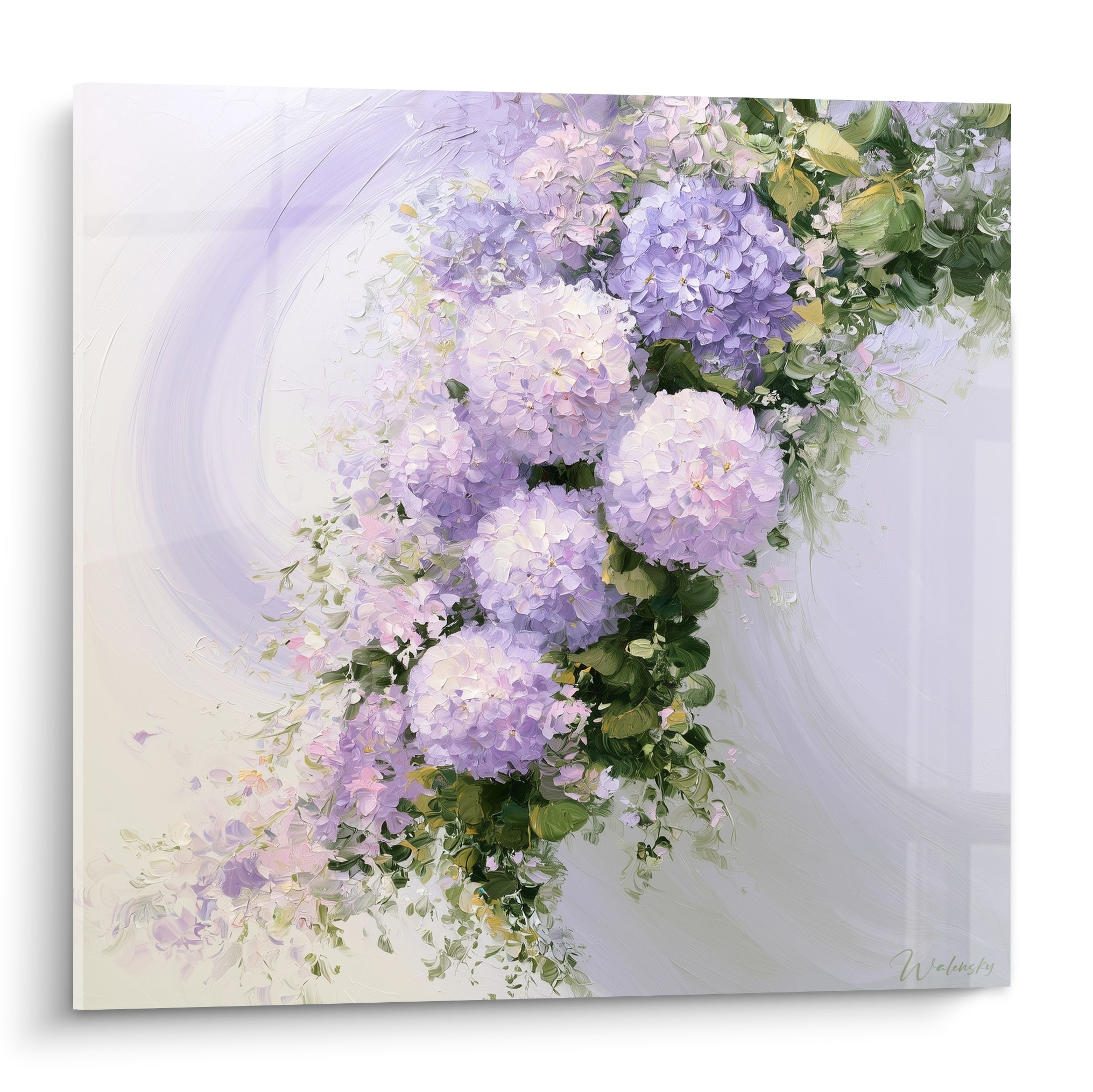 Hortensias mauves et blancs en grappe généreuse peints en empâtements sur fond ivoire