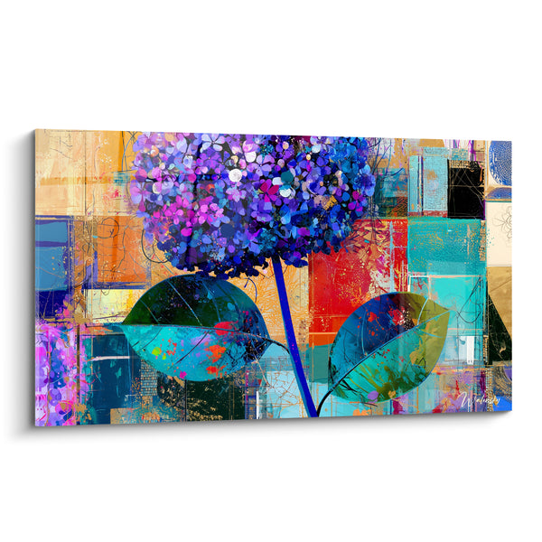 Tableau Hortensia mauve et turquoise sur fond patchwork - Éclosion patchwork - Edition Hortensia
